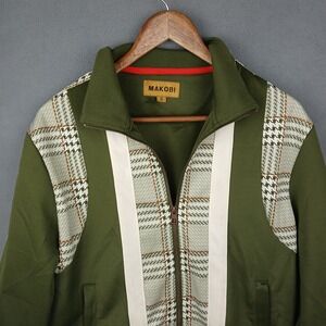 Makobi Track Jacket‎ Mens Small Olive Green Houndstooth Full Zip Athletic Wear